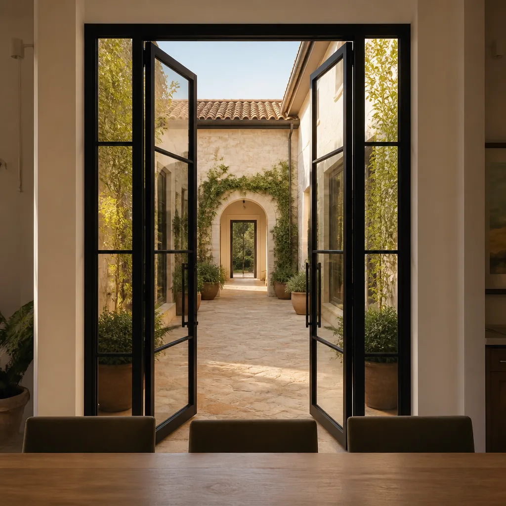 Modern black-framed glass double door installation opening to stone courtyard