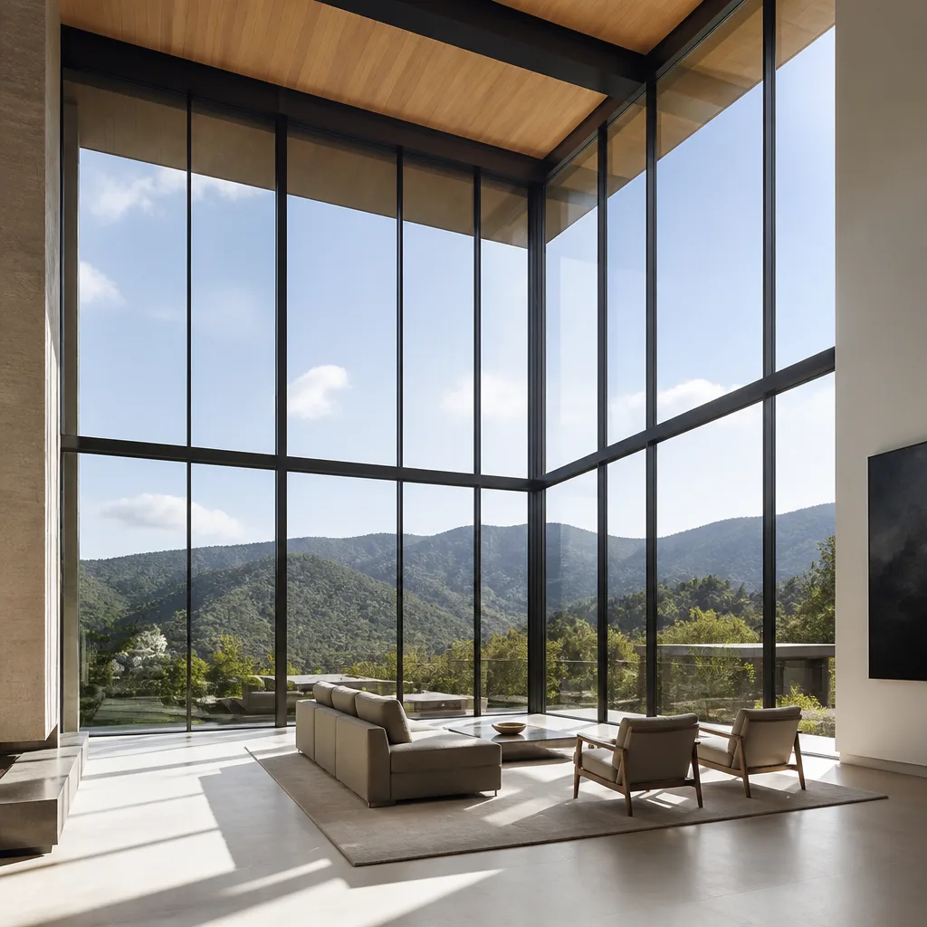 Modern floor-to-ceiling glass wall installation in luxury home