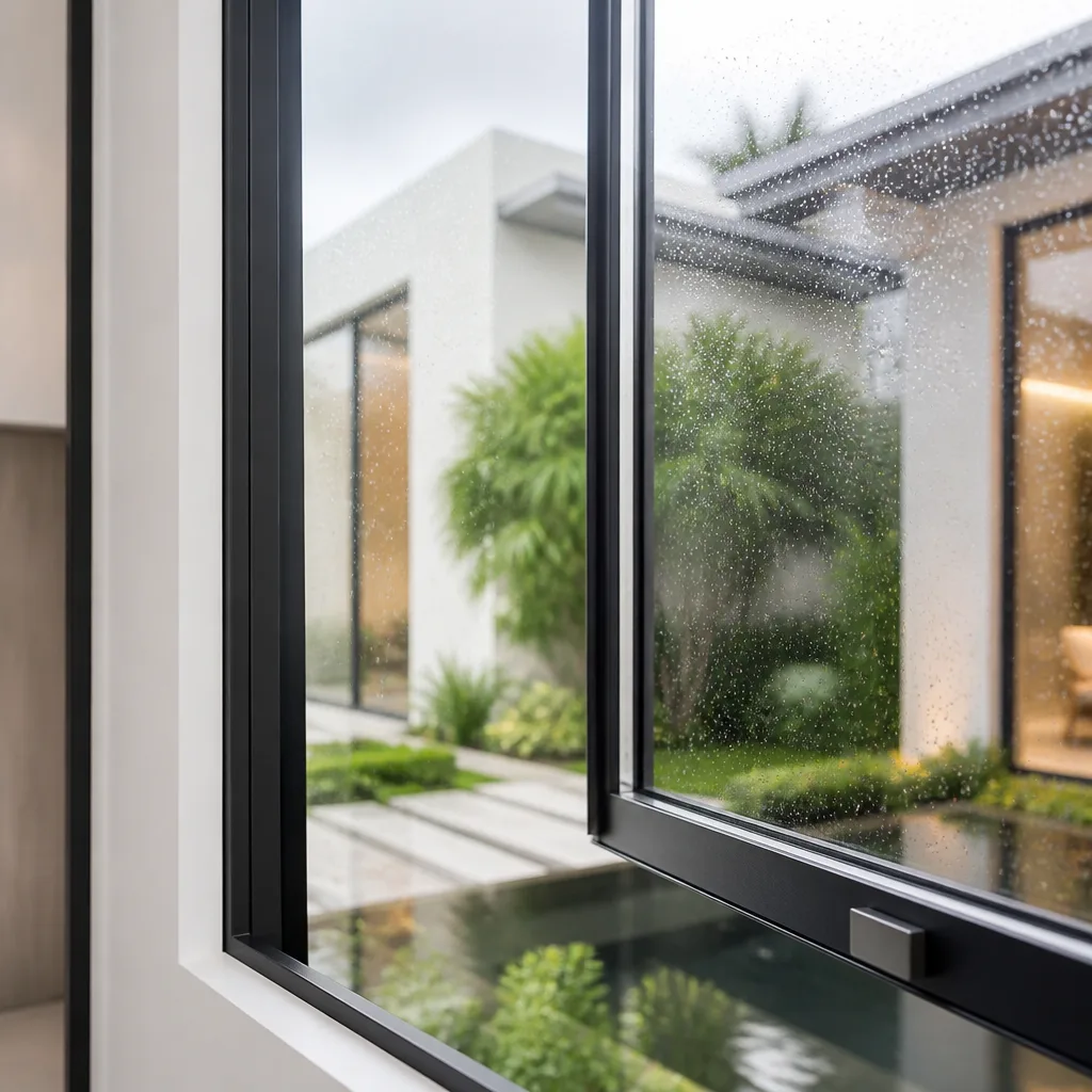 Modern black-framed casement window installed in a contemporary home with garden view